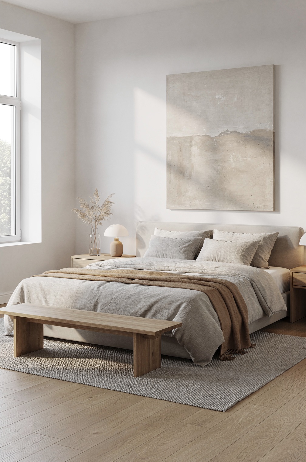 Calming modern bedroom with neutral tones, low-profile bed, soft lighting, and minimalist decor.