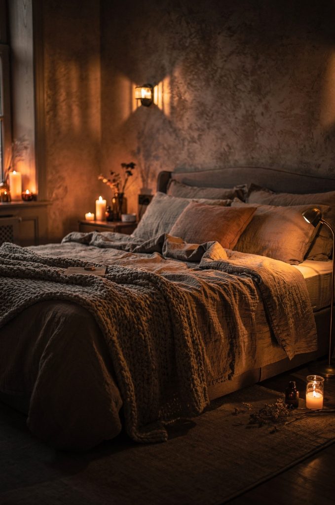 Bedroom with candles, layered linens, and warm lighting creating an intimate and cozy atmosphere.
