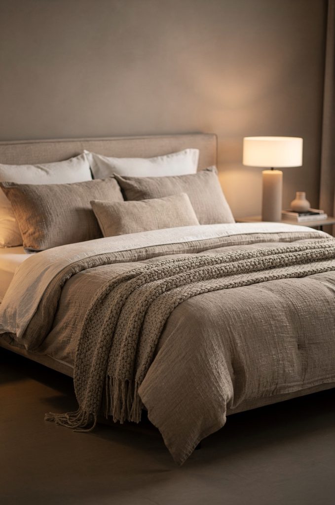 Cozy modern bedroom with layered bedding, knit throw blanket, neutral tones, and warm bedside lighting.