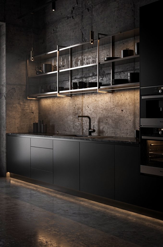 Dark industrial kitchen with black cabinetry, concrete wall, open shelving, and layered lighting from pendants and LED strips.