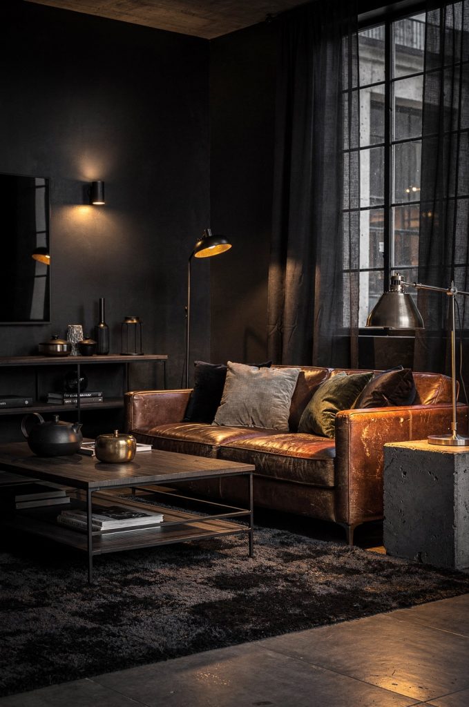 Dark industrial living room with brown leather sofa, black walls, soft lighting, concrete side table, and layered textures.