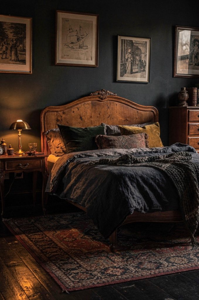 Dark vintage bedroom with wooden headboard, patterned rug, framed artwork, and warm low lighting.
