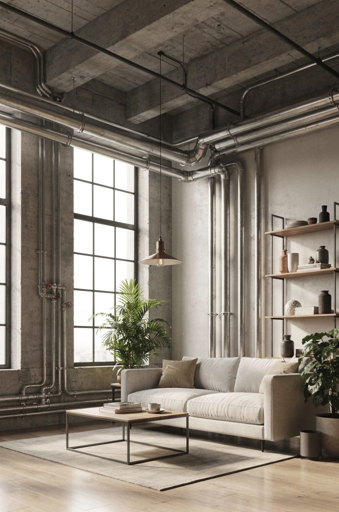 Industrial living room with exposed metal pipes, concrete ceiling, large windows, neutral sofa, and minimal decor.