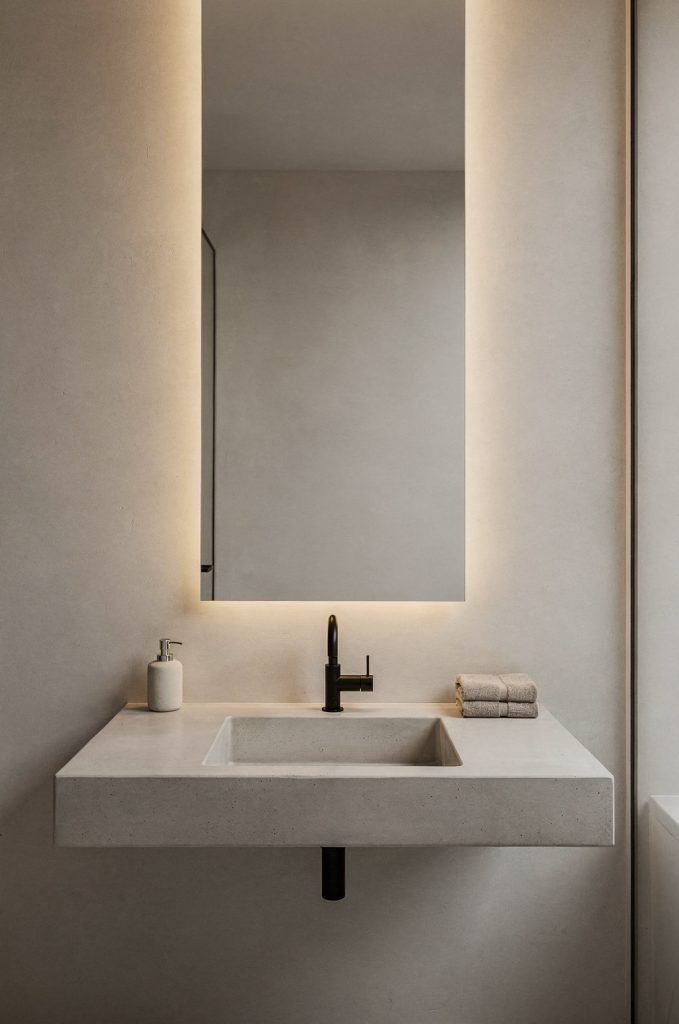 Minimalist industrial bathroom with floating concrete sink, backlit mirror, black faucet, and neutral plaster walls.