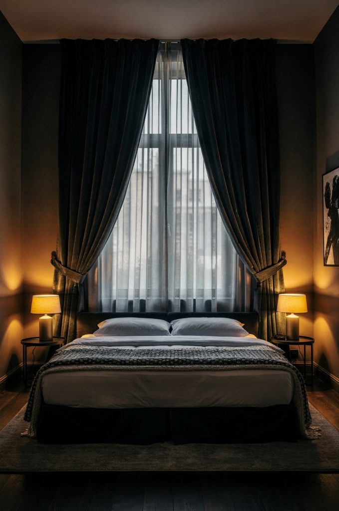 Bedroom with floor-to-ceiling drapery and sheer curtains, softly filtering light alongside warm bedside lamps.