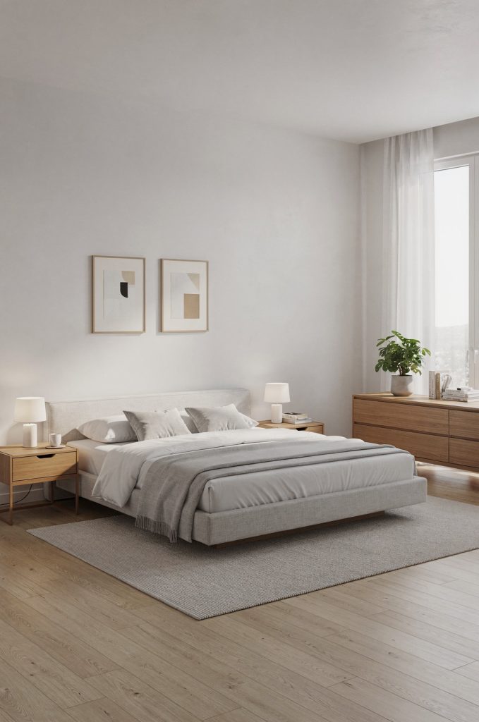 Bedroom with functional furniture, including nightstands and a dresser, arranged in a balanced layout with neutral tones.