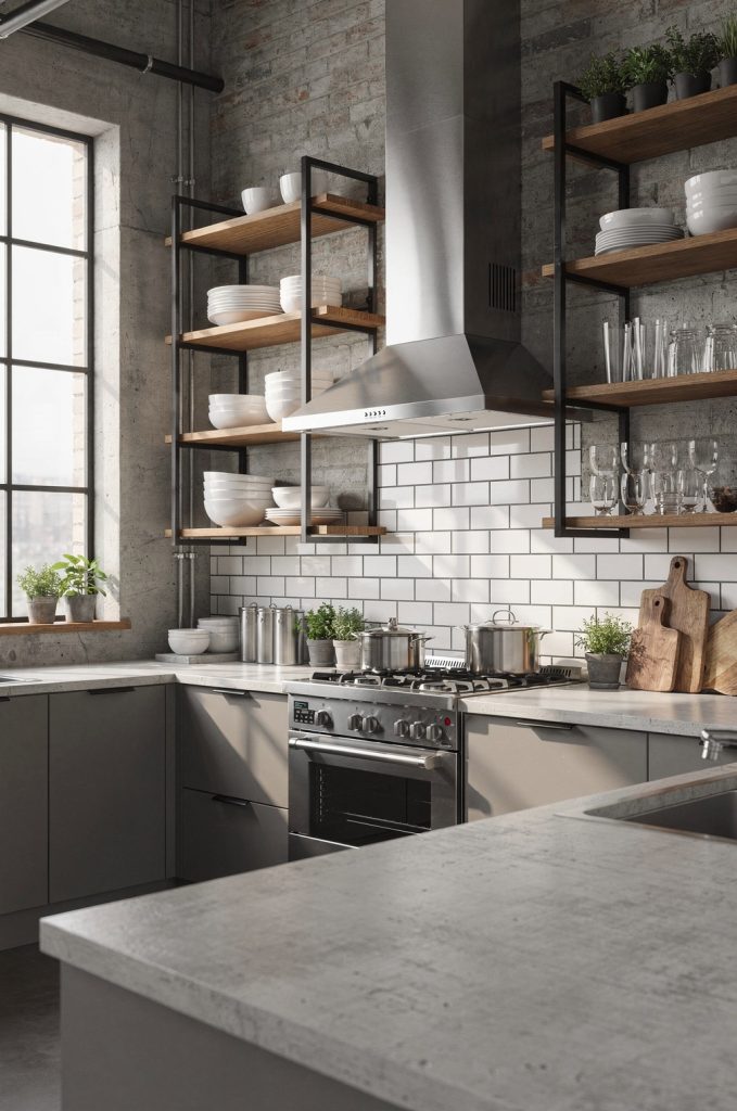 Industrial kitchen with open metal and wood shelving, subway tile backsplash, concrete walls, and stainless steel range hood.