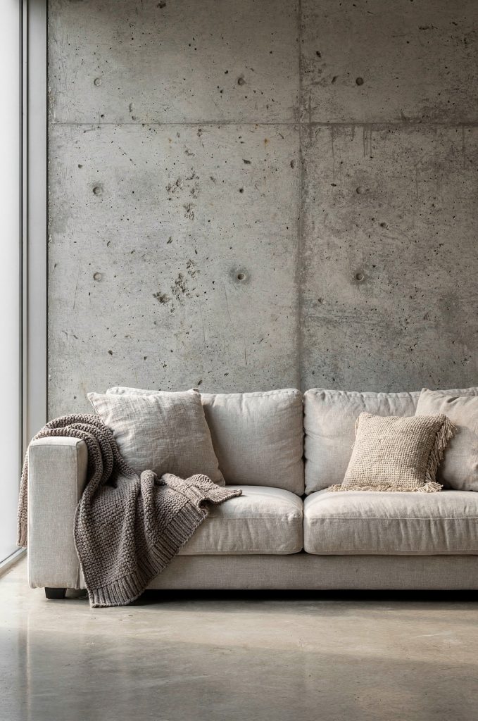 Industrial living room with raw concrete wall, light fabric sofa, textured throw blanket, and neutral cushions.
