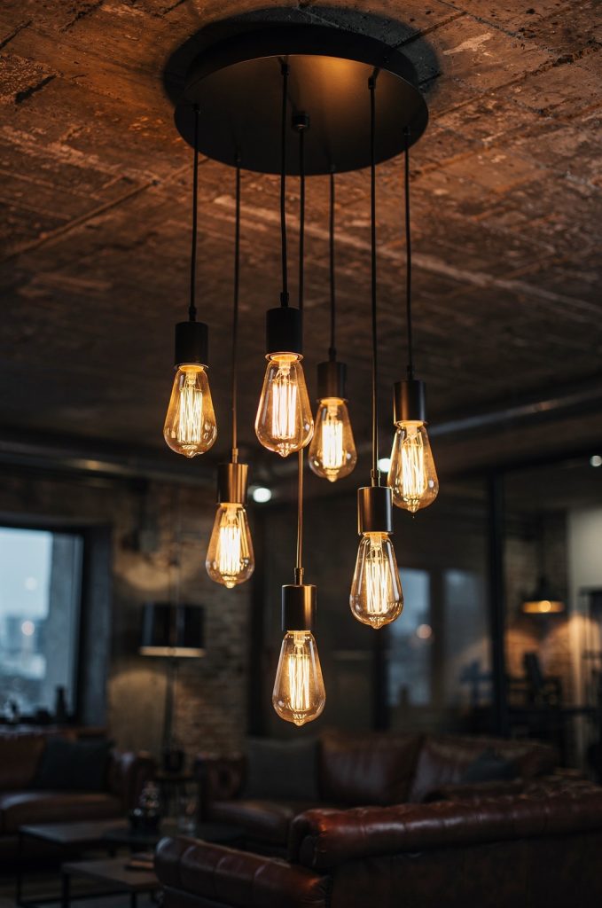 Industrial pendant lighting with multiple Edison bulbs hanging from black ceiling fixture in a loft-style living room.