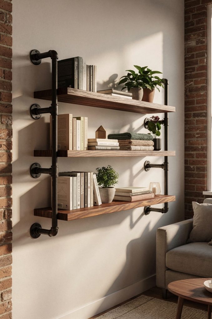 Industrial pipe wall shelving with wooden boards and black metal brackets mounted on a white wall with exposed brick detail.