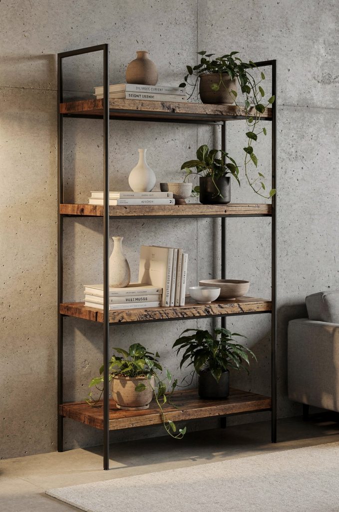 Industrial shelving unit with black metal frame, reclaimed wood shelves, books, ceramic vases, and indoor plants against a concrete wall.