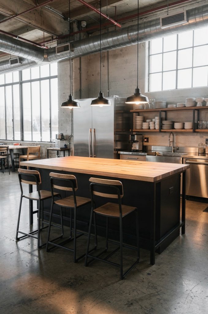 Industrial loft kitchen with large island seating, pendant lighting, exposed ductwork, and open shelving.