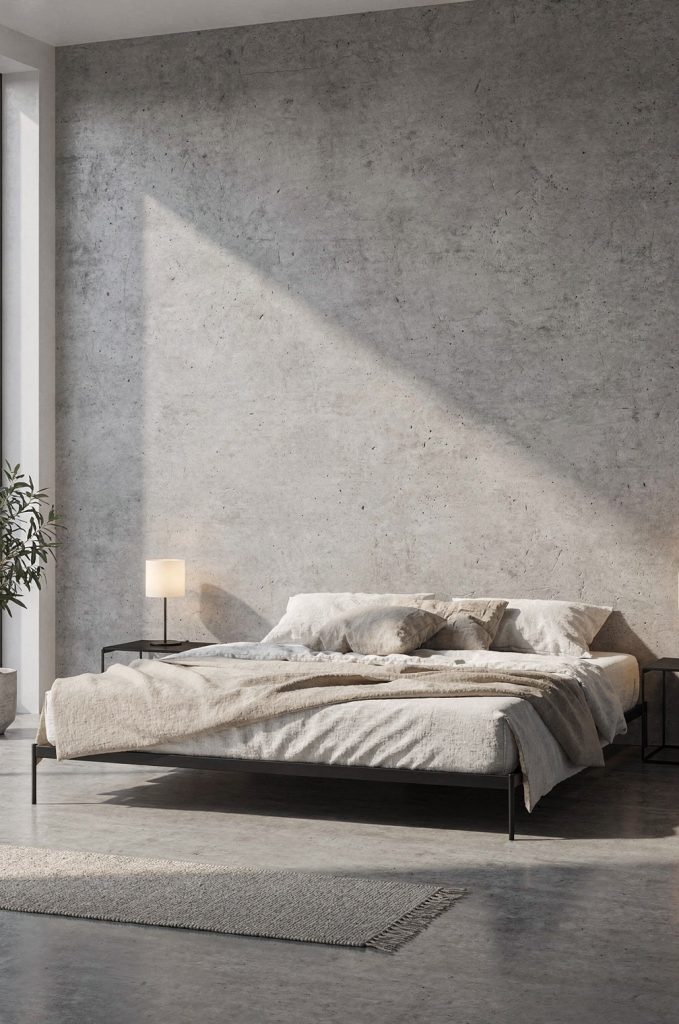 Minimal industrial bedroom with concrete accent wall, neutral bedding, low-profile bed, and soft natural light.