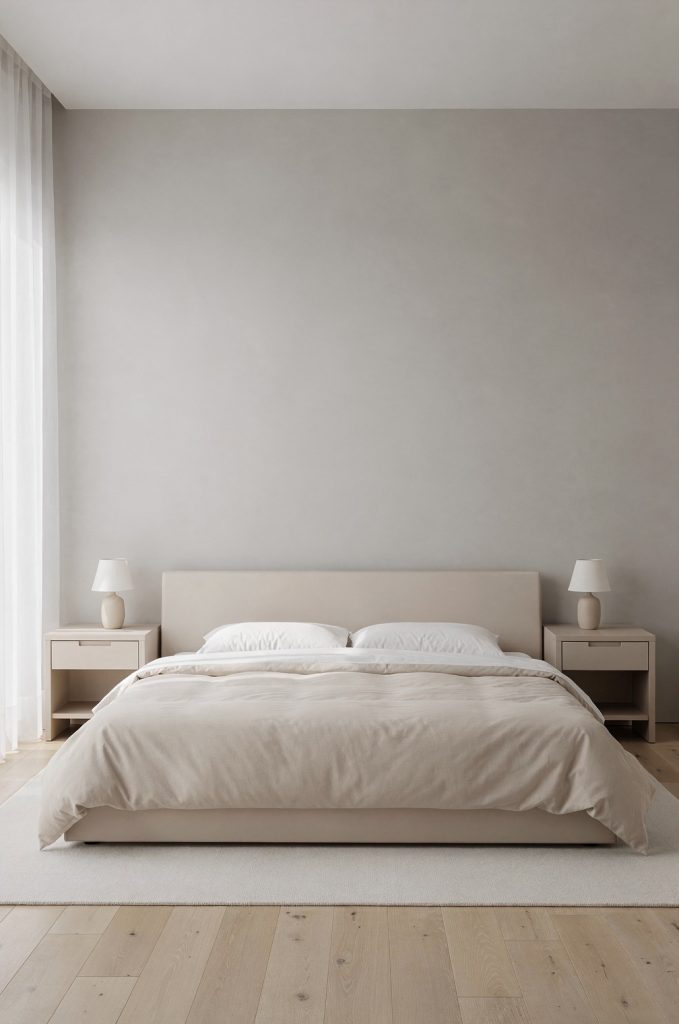 Minimalist modern bedroom with neutral colors, low-profile bed, simple nightstands, and uncluttered design.