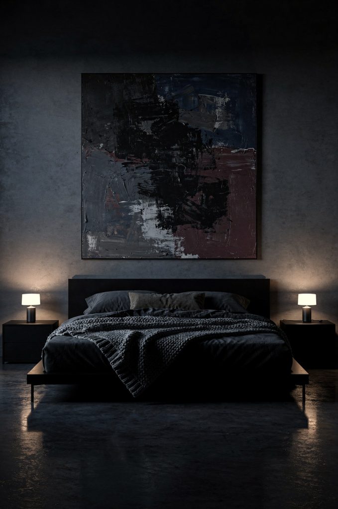 Minimalist dark bedroom with abstract painting, concrete walls, resin floor, and low lighting creating a noir-style atmosphere.