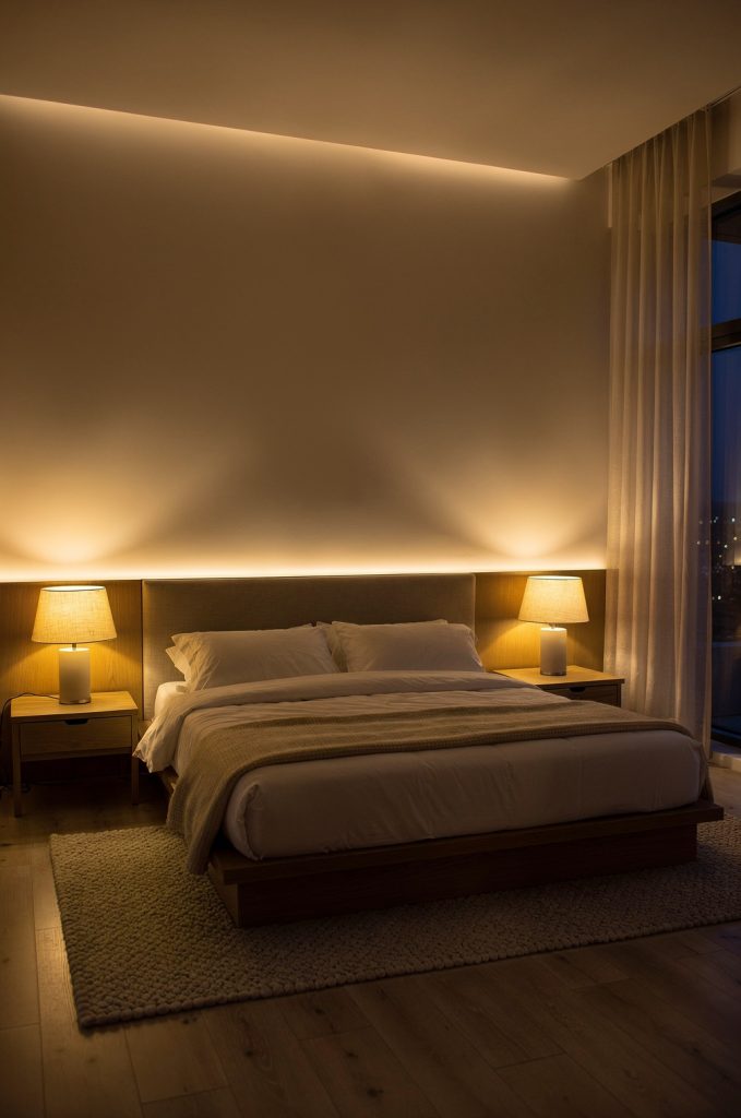 Modern bedroom featuring warm ambient lighting, LED wall lights, bedside lamps, and neutral decor.