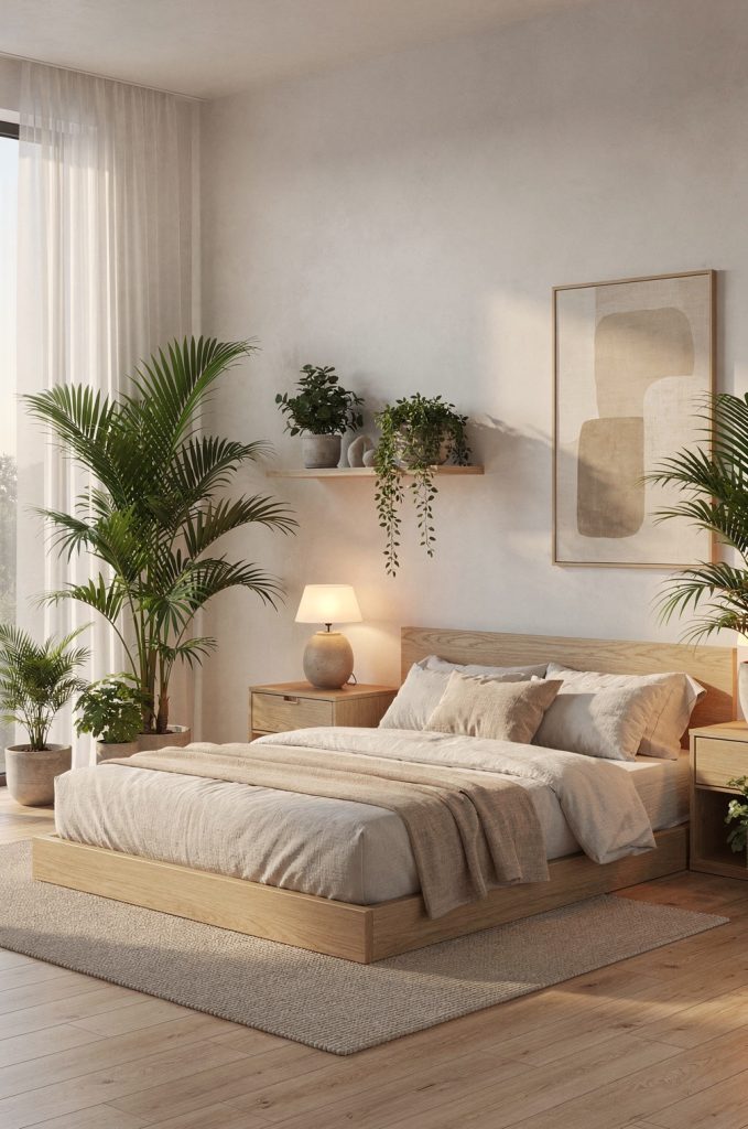 Indoor plants and natural materials bring a calm, organic feel to this modern bedroom design.
