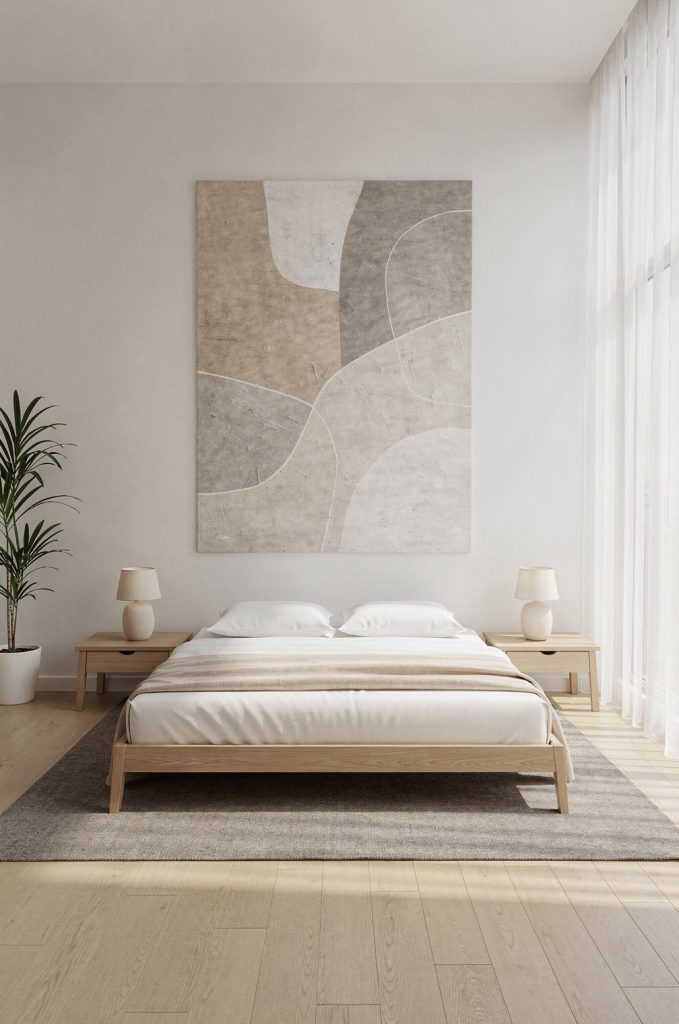 Modern bedroom with abstract wall art, minimal decor, neutral tones, and balanced styling.