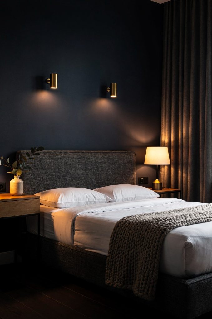 Moody bedroom with textured headboard, warm bedside lamp, and asymmetrical nightstands creating a relaxed boutique hotel style.