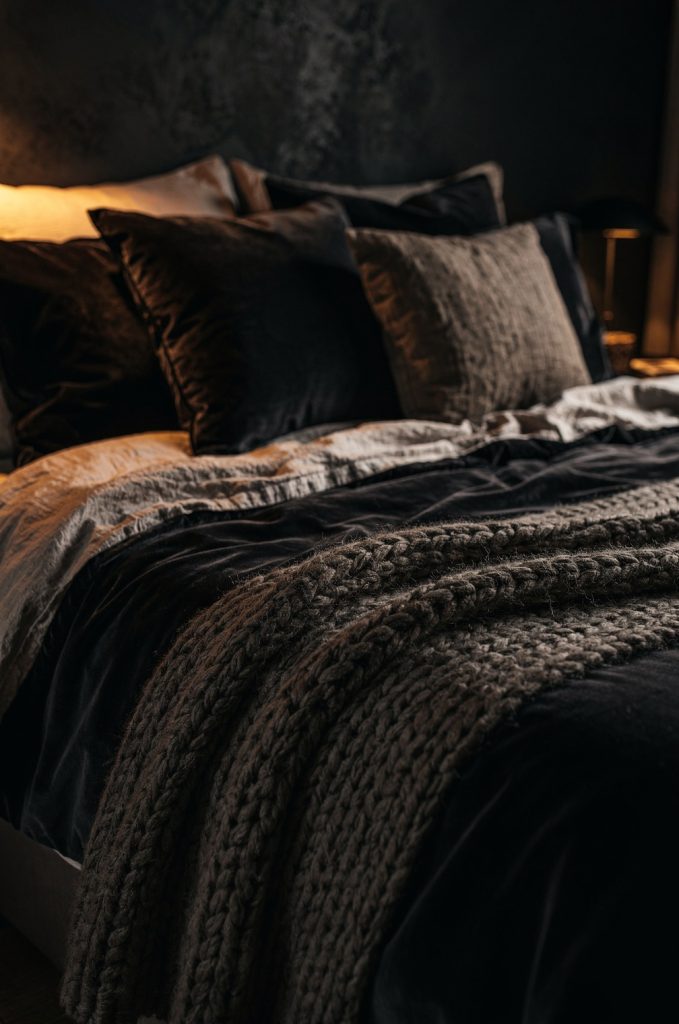 Close-up of moody bedroom bed with layered pillows, dark velvet bedding, and chunky knit throw creating a cozy boutique-style atmosphere.