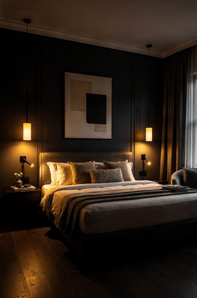 Moody bedroom with warm pendant lights hanging beside the bed, creating a soft ambient glow and boutique hotel atmosphere.