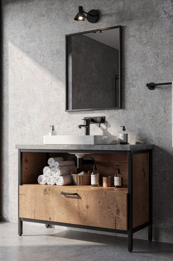 Industrial style bathroom vanity with open shelf storage, vessel sink, exposed plumbing, and concrete wall backdrop.