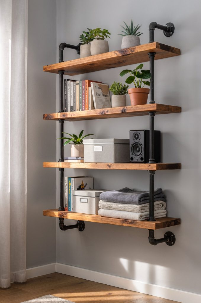 Industrial pipe shelving with wooden shelves and black brackets on a light grey wall, arranged with books, plants, and decorative objects.