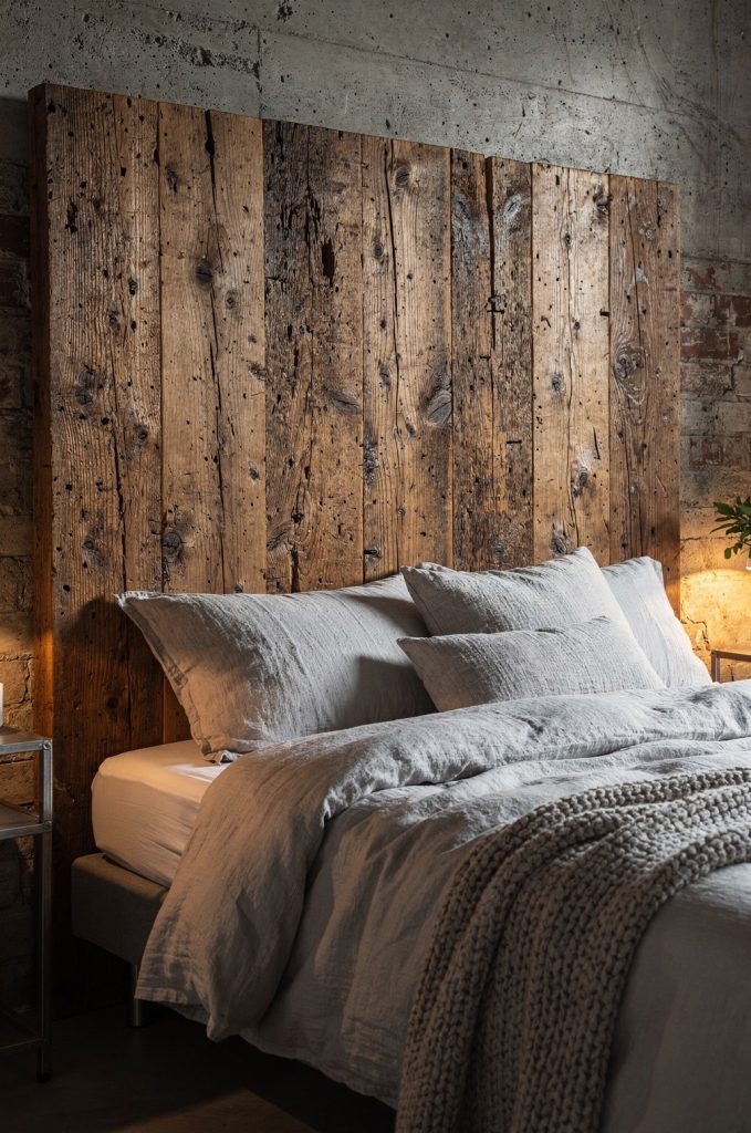 Bedroom with reclaimed wood headboard, neutral bedding, soft lighting, and concrete wall.