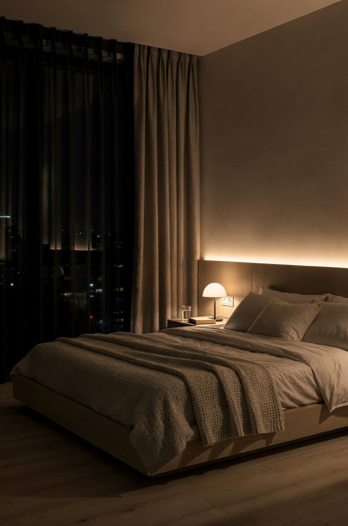 Bedroom with blackout curtains, warm bedside lighting, and neutral tones designed for better sleep and relaxation.
