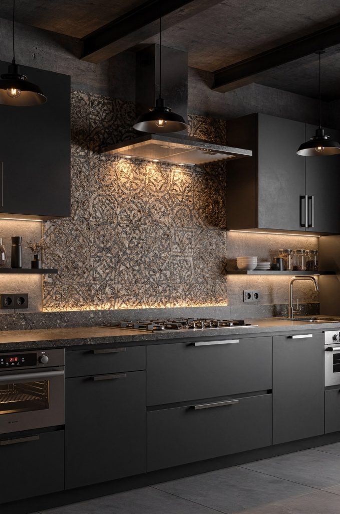 Industrial kitchen with textured statement backsplash, dark cabinetry, metal range hood, and warm accent lighting.
