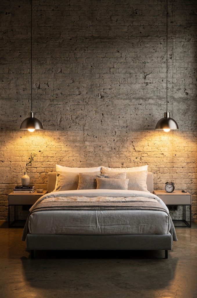 Industrial bedroom with symmetrical pendant lighting, brick wall, upholstered bed, and matching nightstands.