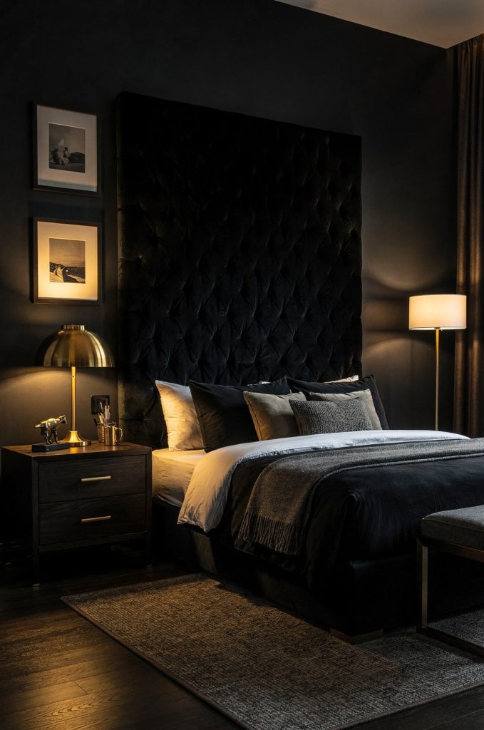 Dark bedroom with tall tufted headboard, layered bedding, and warm brass lighting creating a sophisticated boutique hotel style.