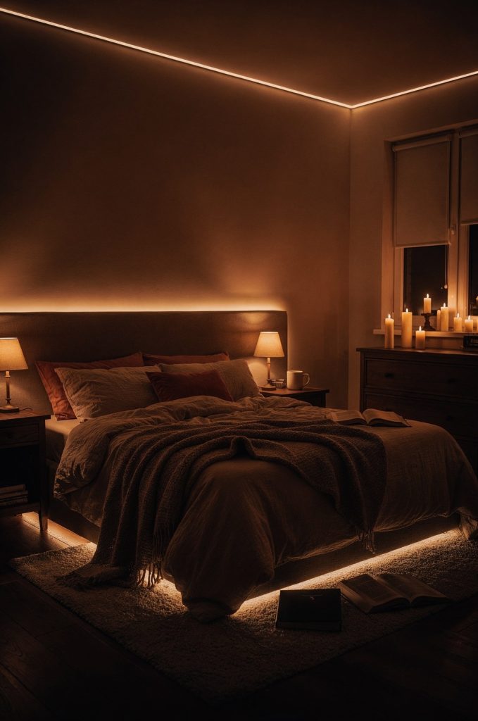 Bedroom with warm LED strip lighting, layered bedding, and soft lamps creating a cozy twilight-inspired atmosphere.