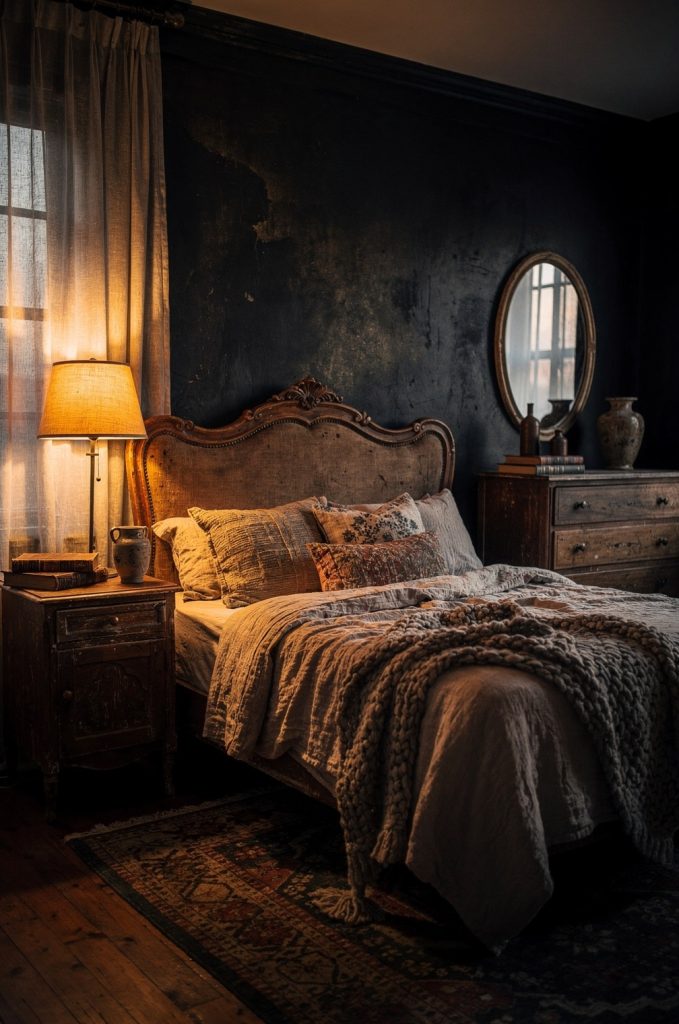 Vintage-style bedroom with distressed walls, wooden furniture, layered bedding, and warm natural light.