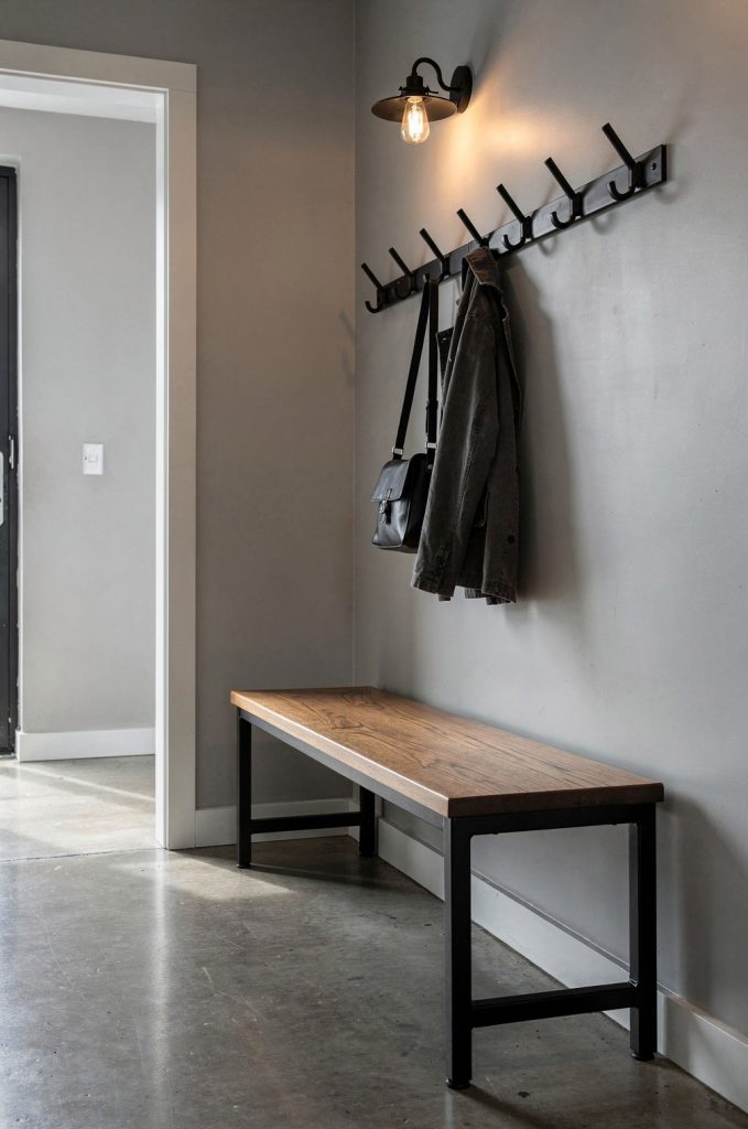 Entryway bench with wooden seat, black metal frame, wall hooks, and industrial-style wall light on a neutral wall.