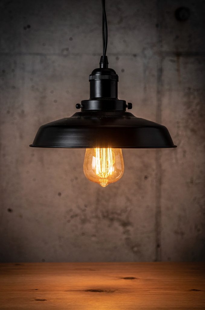 Industrial pendant light with black metal shade and exposed Edison bulb hanging over a wooden surface against a concrete wall.